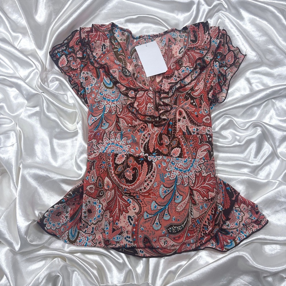 y2k Blouse Pink Excellent axcess Liz Claiborne Paisley Ruffle Mesh Top L